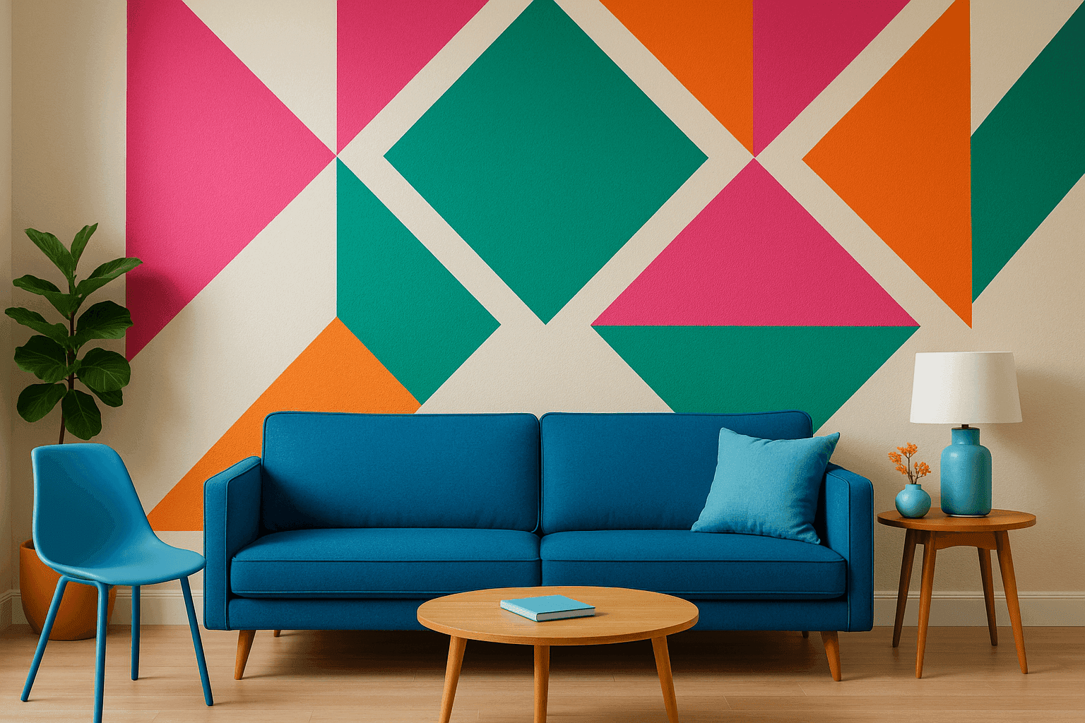 Stunning geometric accent wall featuring bold oversized triangles and diamonds in hot pink, emerald green, and tangerine orange creating dramatic modern art