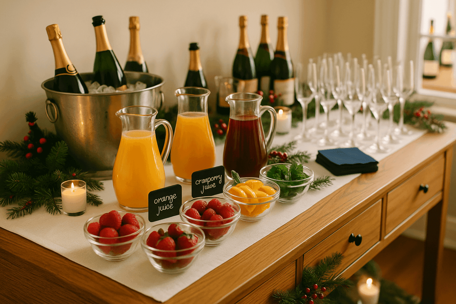 Elegant Christmas morning mimosa bar with champagne bottles juices and fresh fruit arranged for festive self-serve celebration