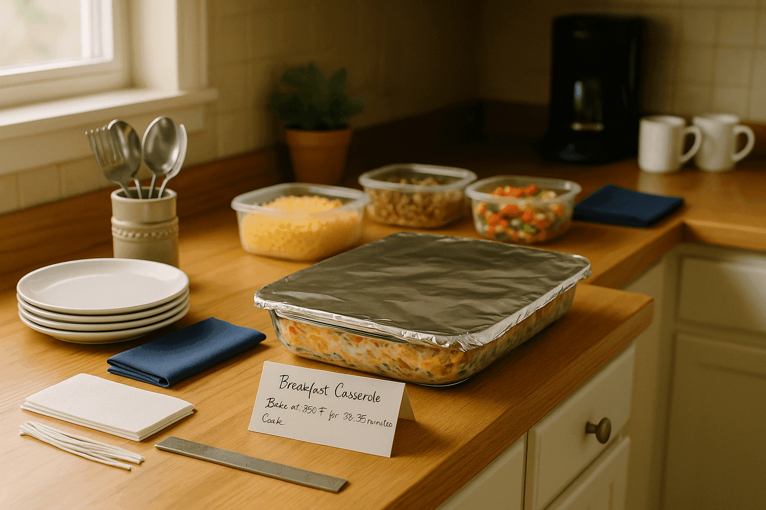 Organized kitchen station with prepped breakfast casserole ingredients and labeled baking dishes ready for stress-free Christmas morning