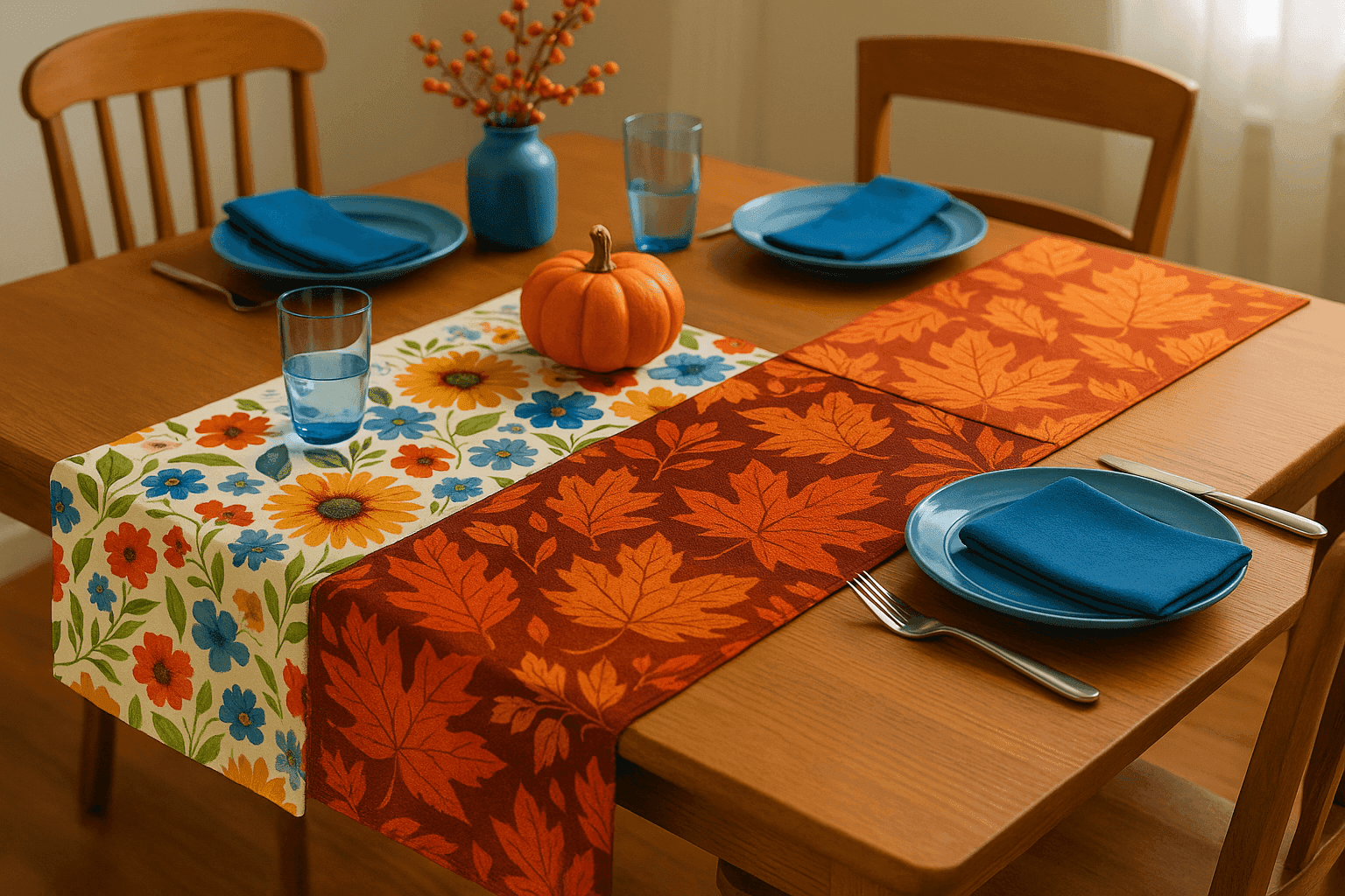 Elegant dining table featuring a reversible table runner showing both summer floral and autumn leaf patterns with seasonal table settings