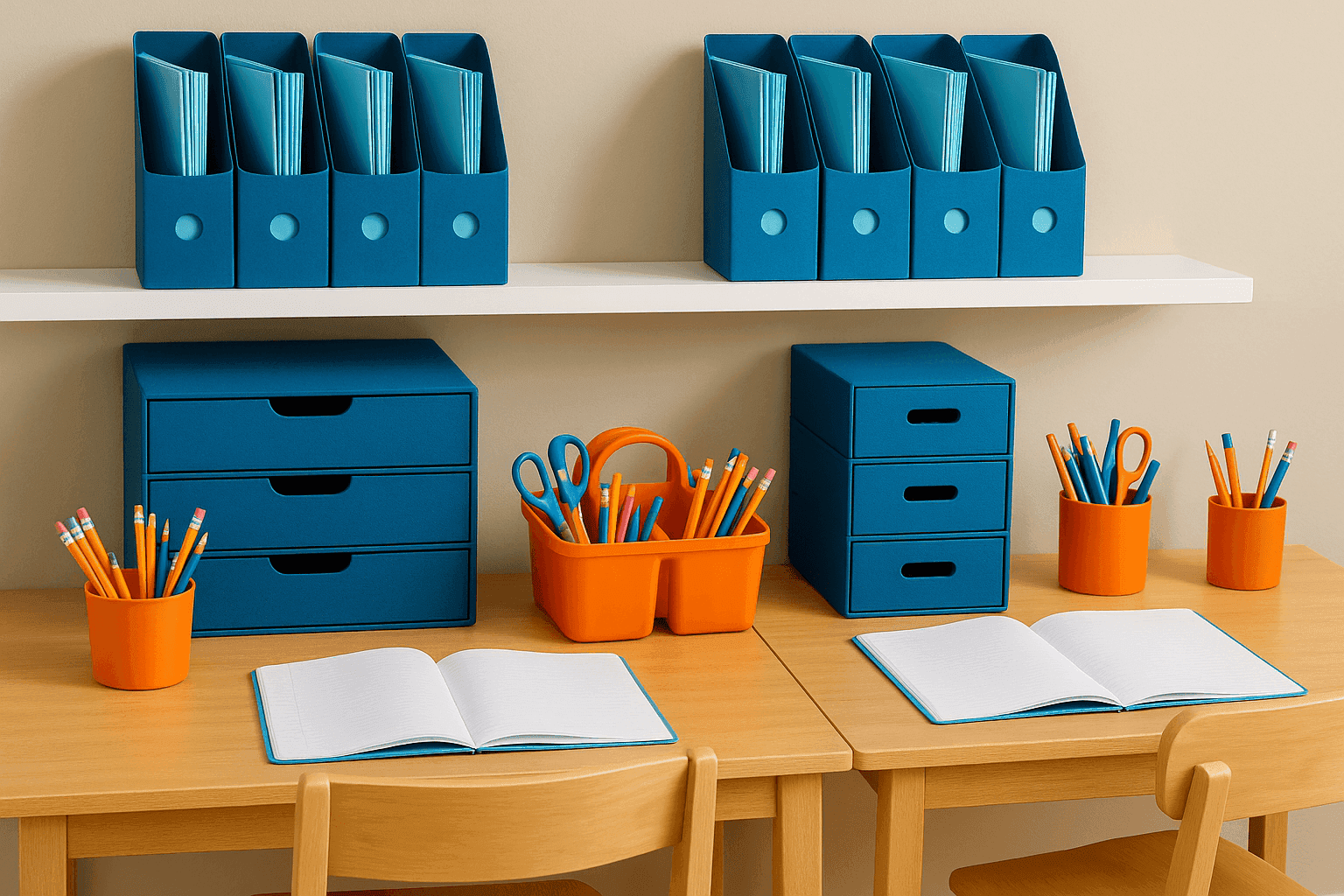 Organized homework station with color-coded filing systems, supply caddies for each child, and efficient study space setup