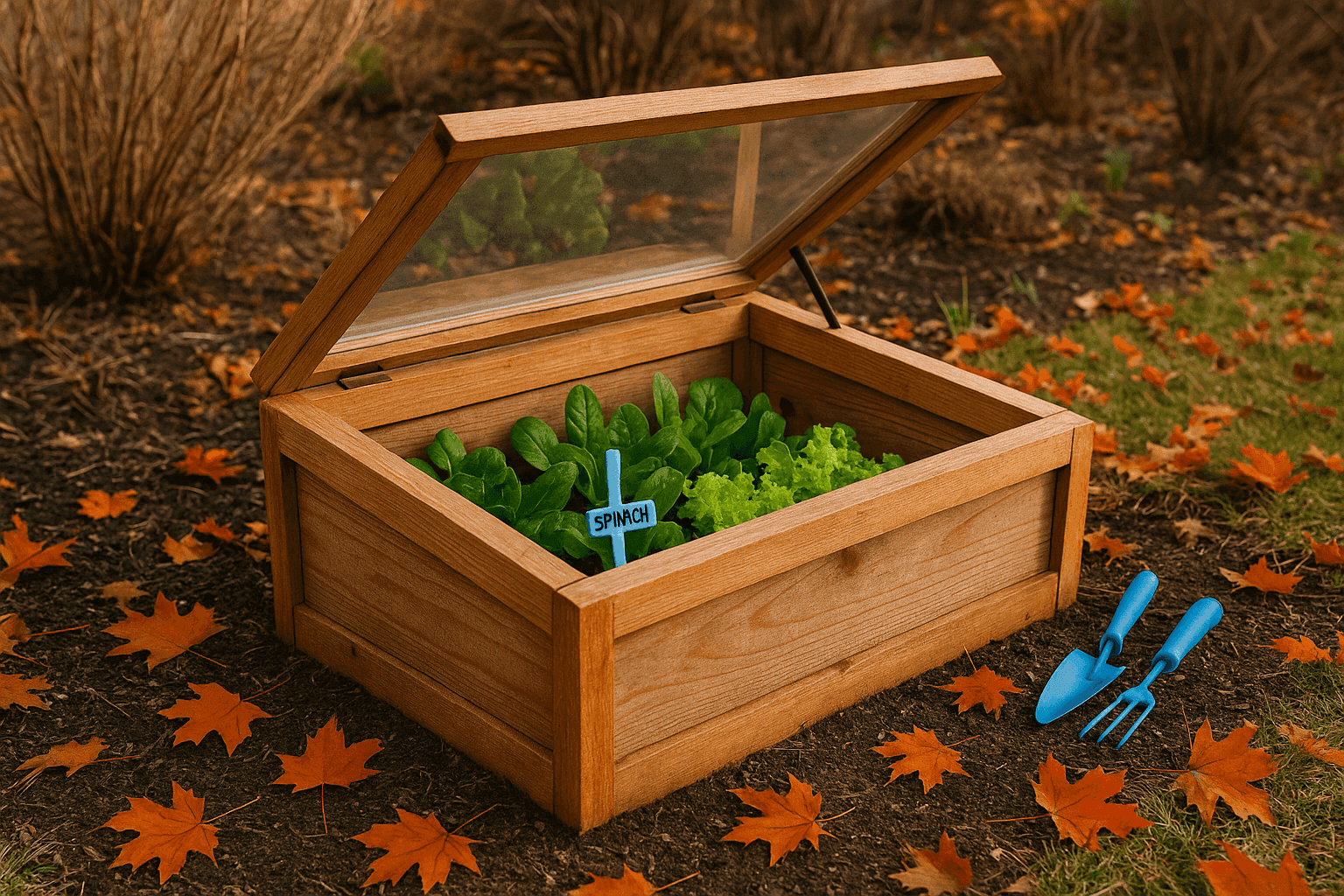 Handmade wooden cold frame garden box with glass top lid positioned in backyard garden, showing thriving leafy greens growing inside during late fall weather