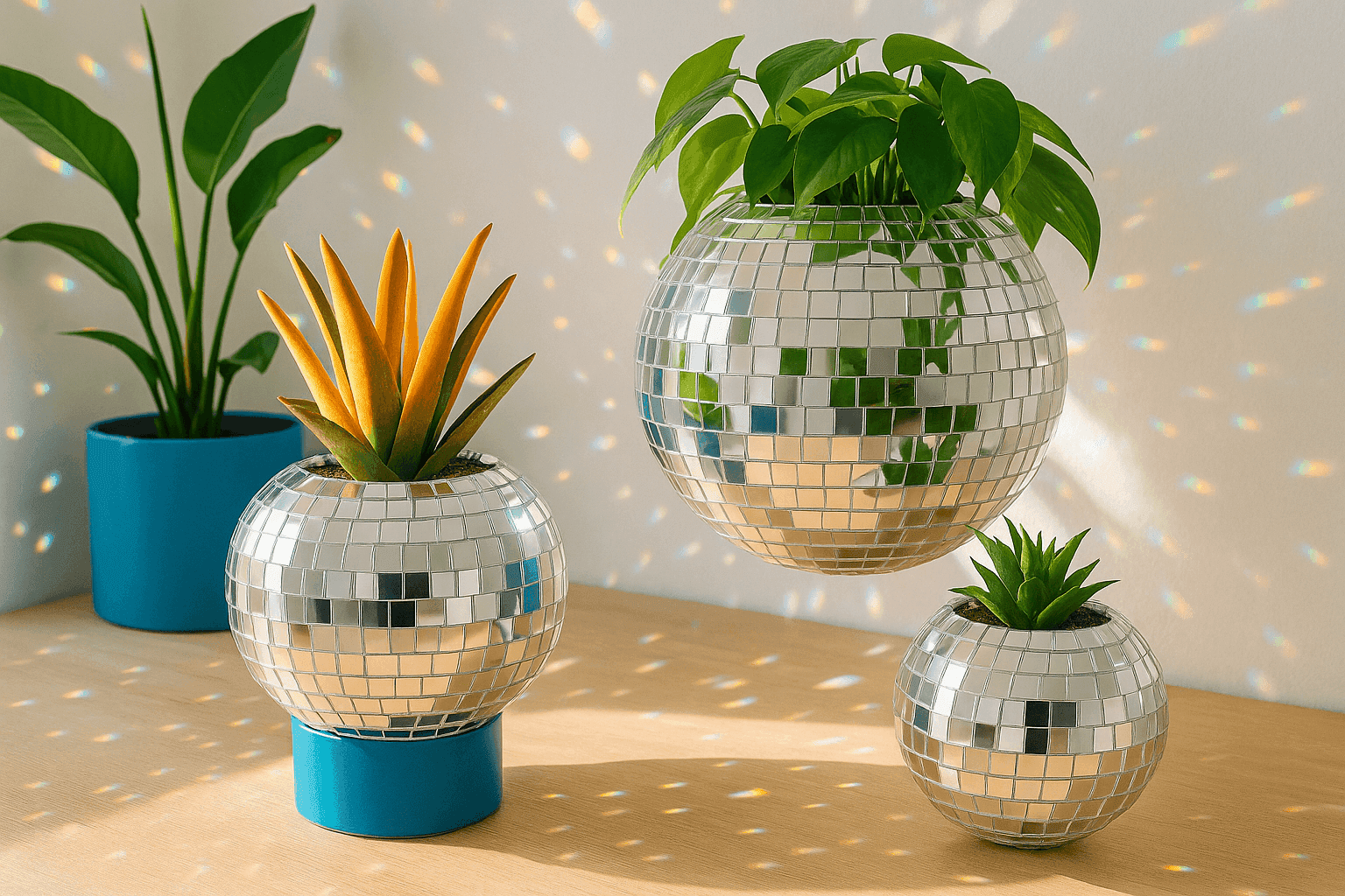Stunning disco ball planters covered in mirror tiles reflecting light and creating sparkles throughout a bright room with plants