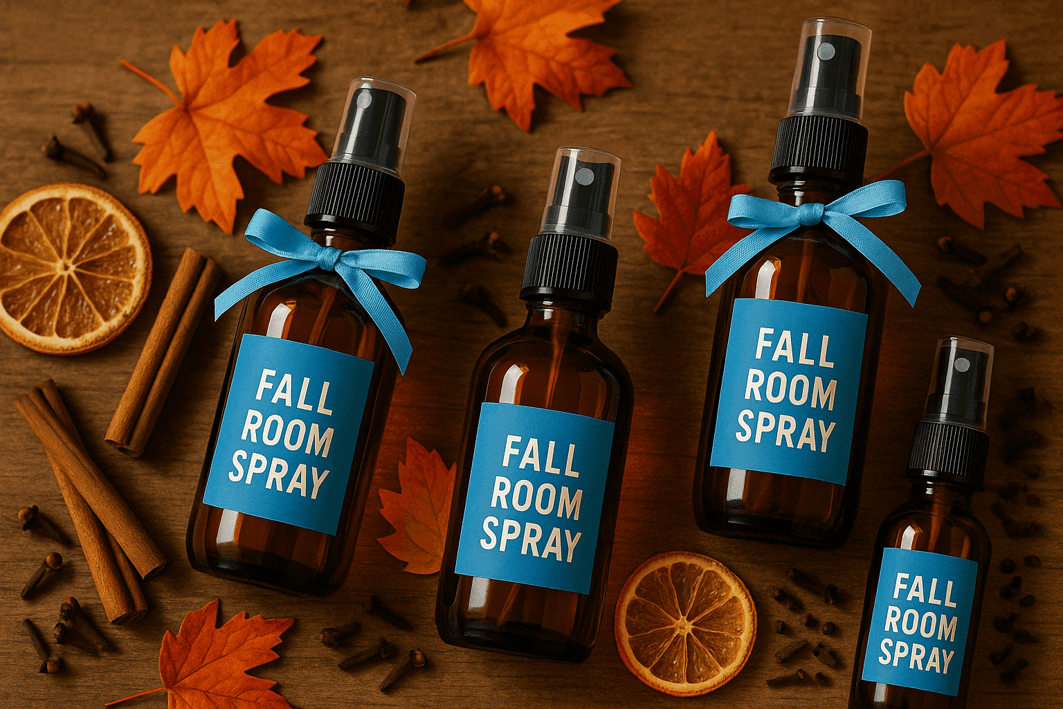 Beautiful amber glass spray bottles filled with DIY fall room sprays arranged on rustic wooden surface with cinnamon sticks, orange slices, and autumn leaves as natural decorative elements