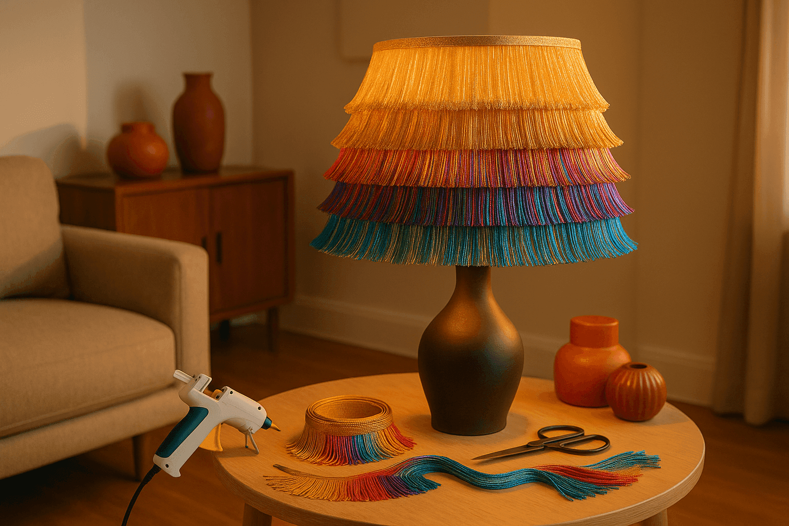 Dramatic lampshade decorated with layers of metallic gold and rainbow colored fringe trim creating movement and catching light beautifully