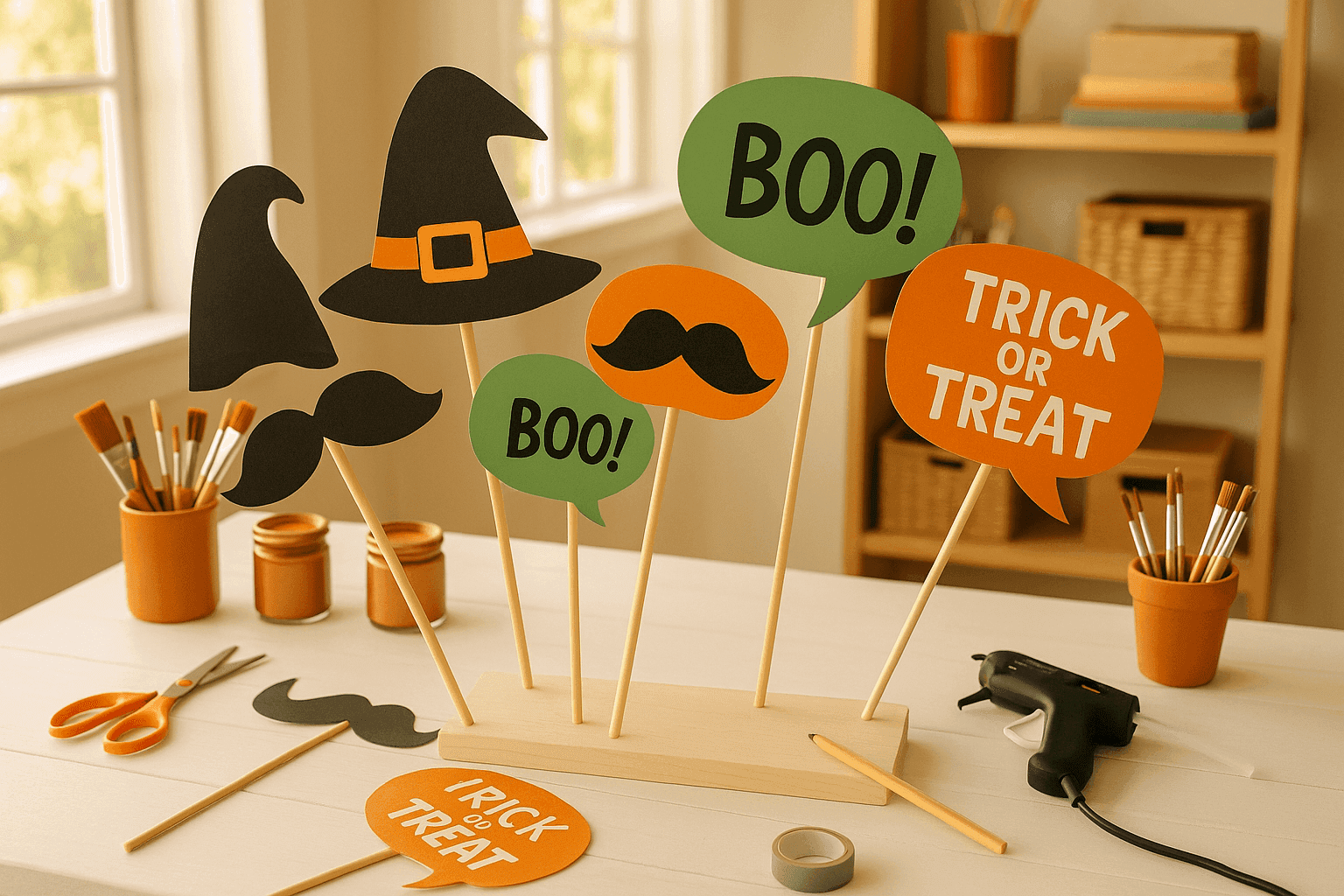 Crafting table with handmade Halloween photo props including cardboard witch hats, mustaches, and speech bubbles with wooden dowel handles