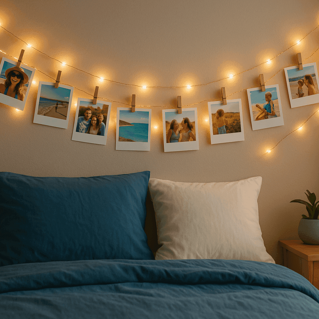 Cozy bedroom with DIY photo garland featuring summer memories clipped to fairy lights creating warm ambient lighting