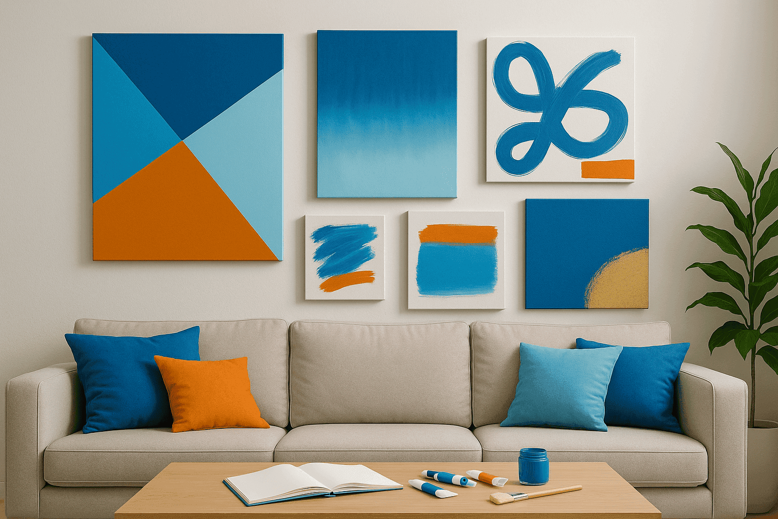 Living room wall with a collection of DIY abstract canvases in coordinating colors