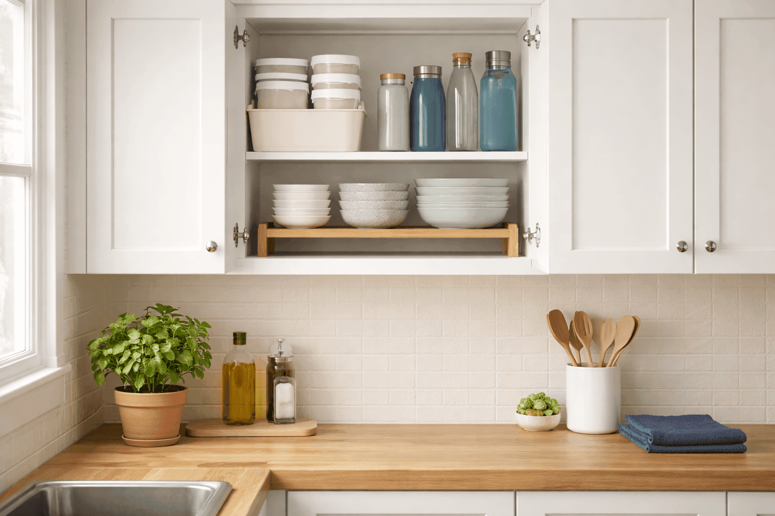 Neatly organized open kitchen cabinet with grouped food storage containers, matching lids stored vertically, and shelf risers creating tidy double-tiered storage