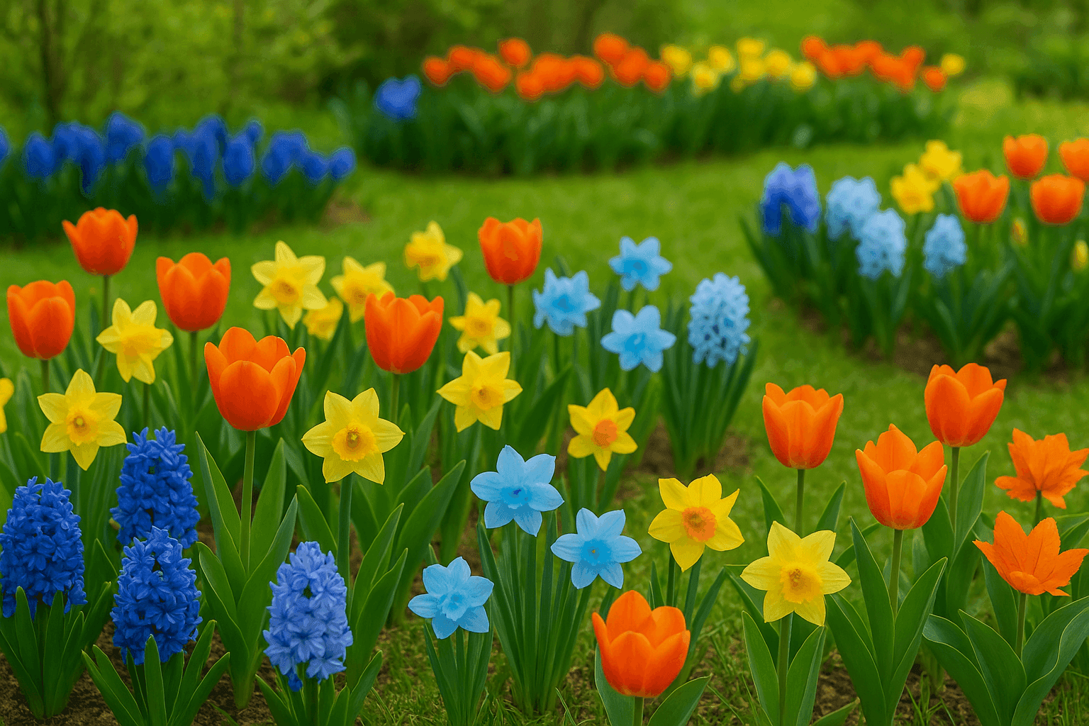 Stunning spring garden display featuring colorful tulips and daffodils in carefully planned beds with expert bulb planting design and layout
