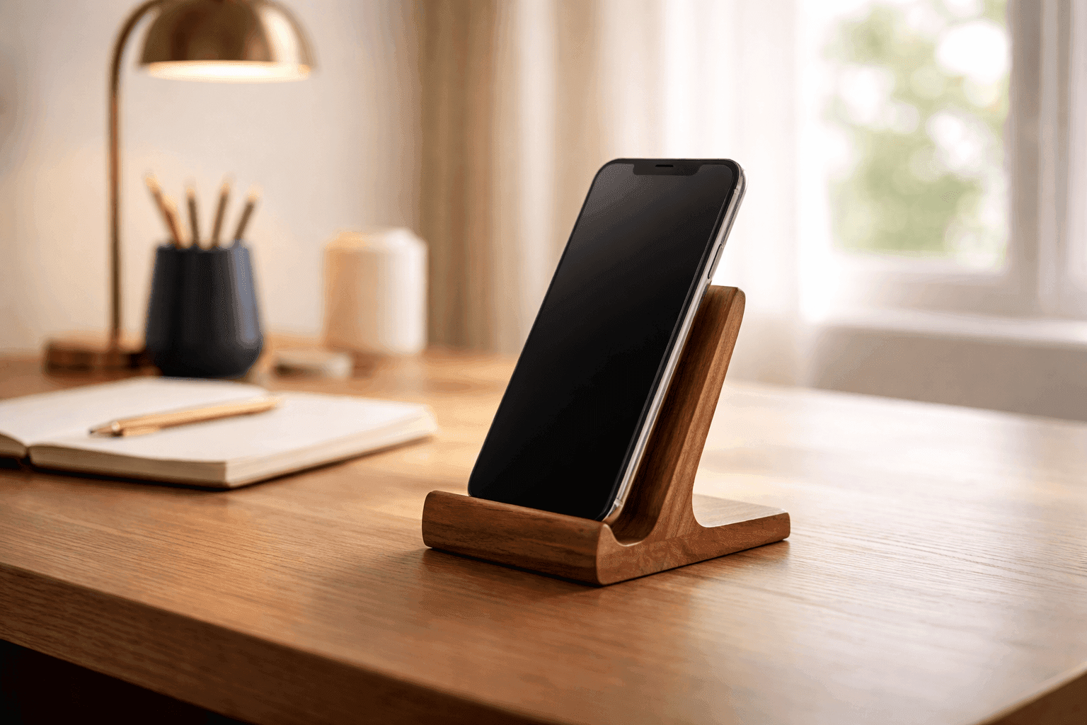 Handcrafted wooden phone stand holding smartphone at perfect viewing angle on organized desk workspace