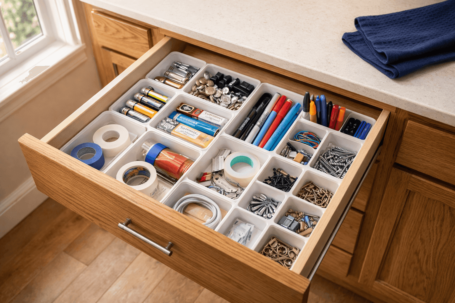 Organized kitchen junk drawer with sorted compartments and labeled sections after decluttering