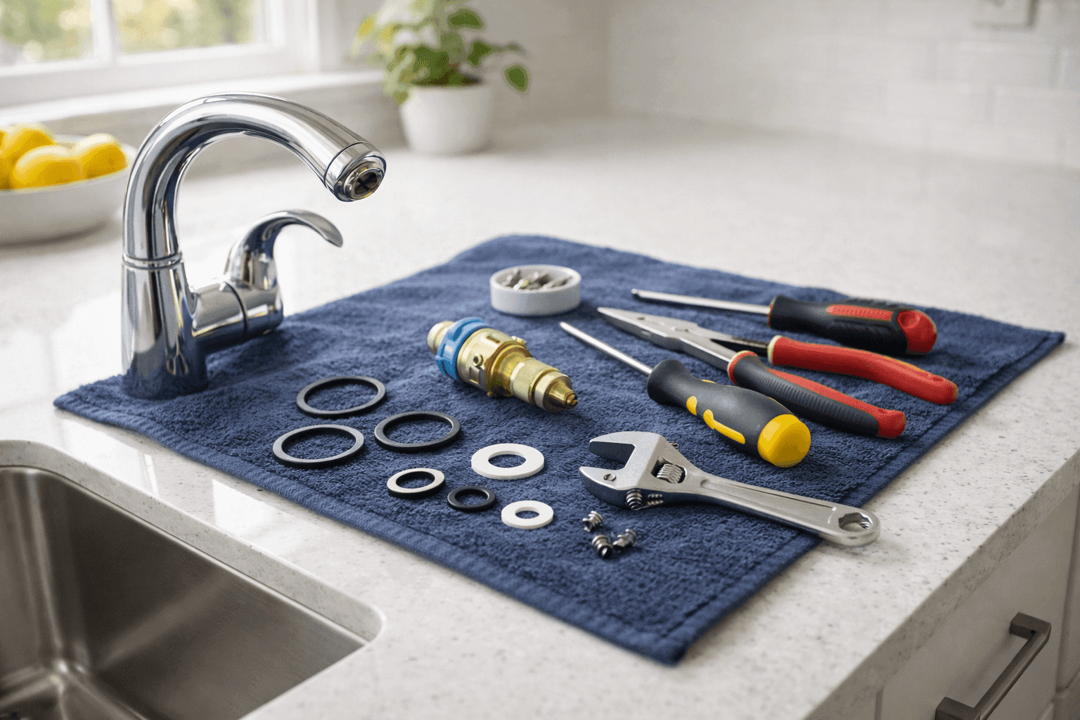 Kitchen sink faucet being repaired with replacement parts and tools laid out on clean counter showing step-by-step fix