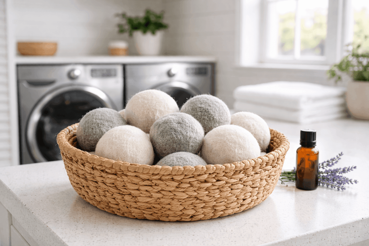 Handmade felted wool dryer balls in natural cream and gray colors arranged in wicker basket on laundry room counter