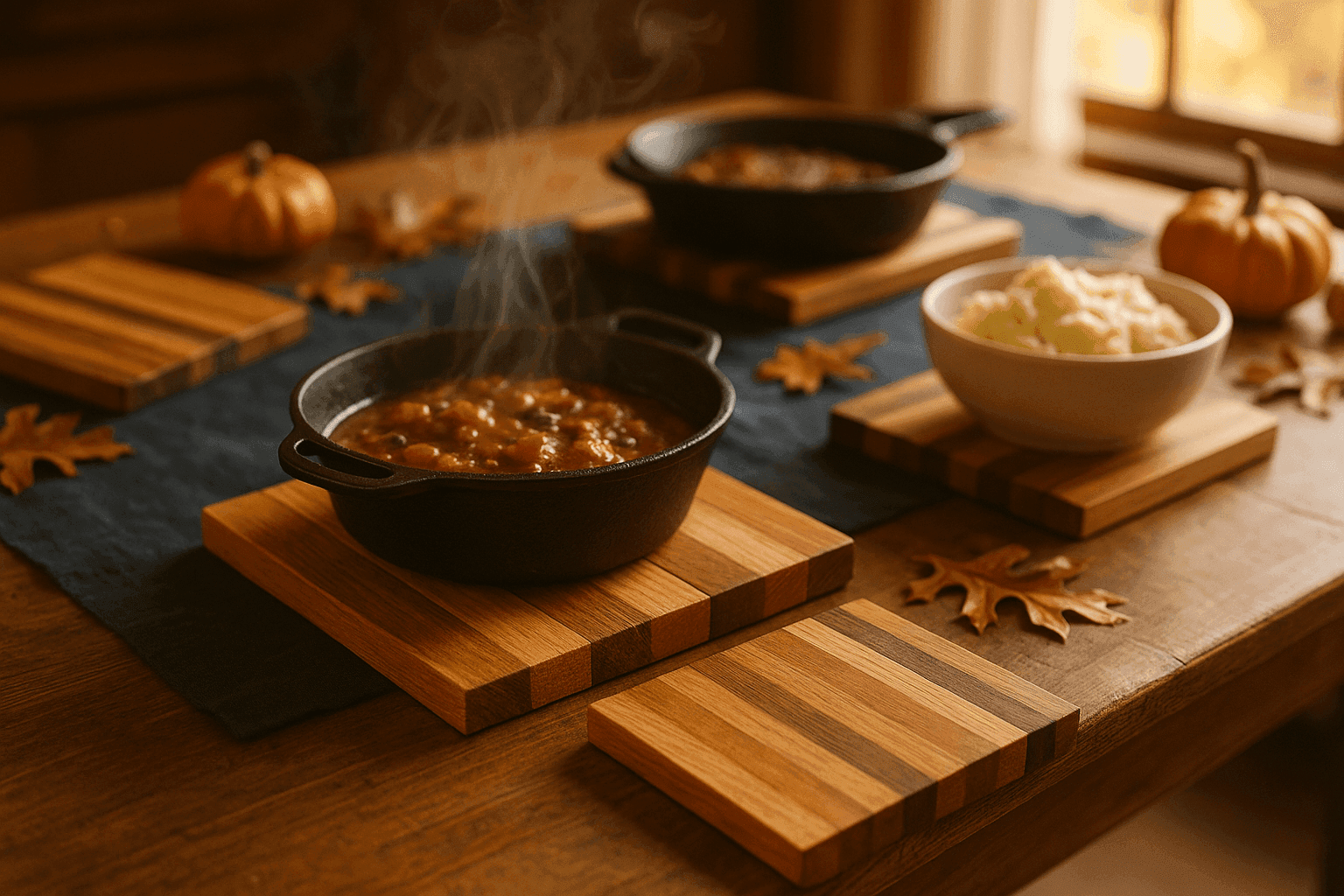 Handcrafted wooden trivets made from glued slats with natural wood finish protecting Thanksgiving table from hot dishes