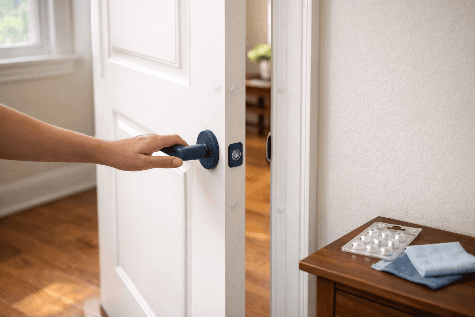 Interior door with adhesive rubber bumper dots installed on frame showing door slam prevention solution