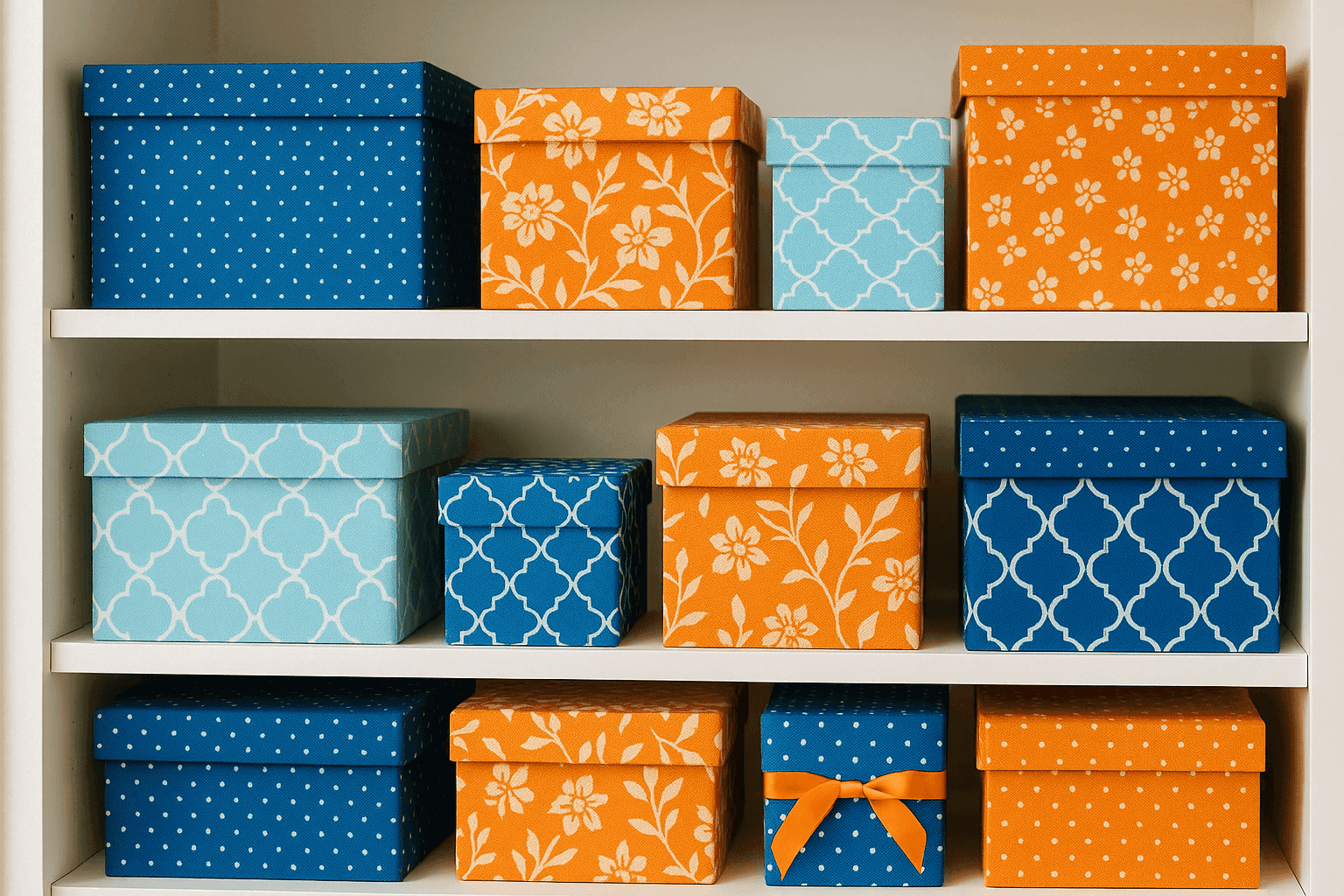 Beautiful fabric covered storage boxes in coordinating patterns displayed on shelves as stylish decorative organizers hiding clutter