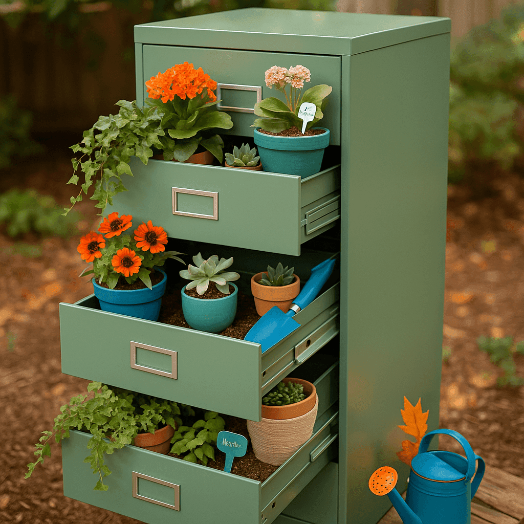 Transformed metal filing cabinet painted in vibrant color with drawers pulled out at different lengths creating tiered shelving for potted plants and garden supplies