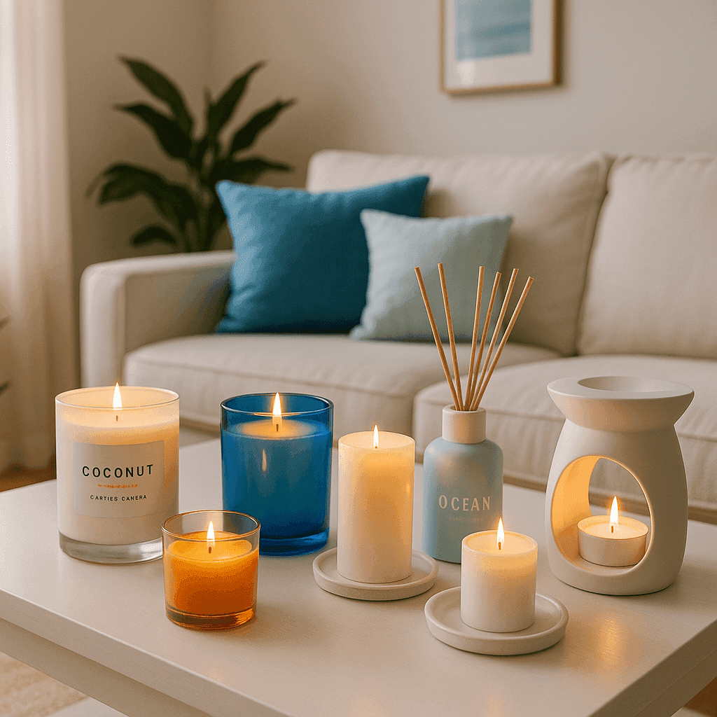 Elegant home interior with summer scented candles, reed diffusers, and tropical fragrance elements creating vacation atmosphere