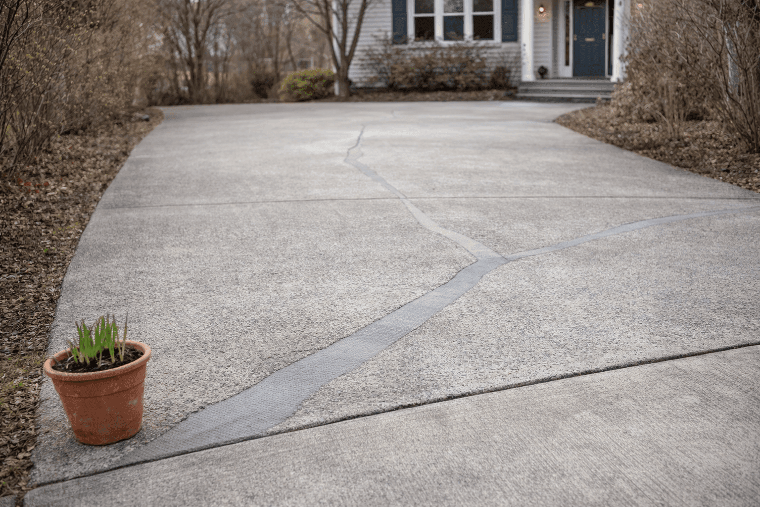 Repaired driveway concrete cracks with fresh gray filler, surrounded by spring garden greenery in natural daylight