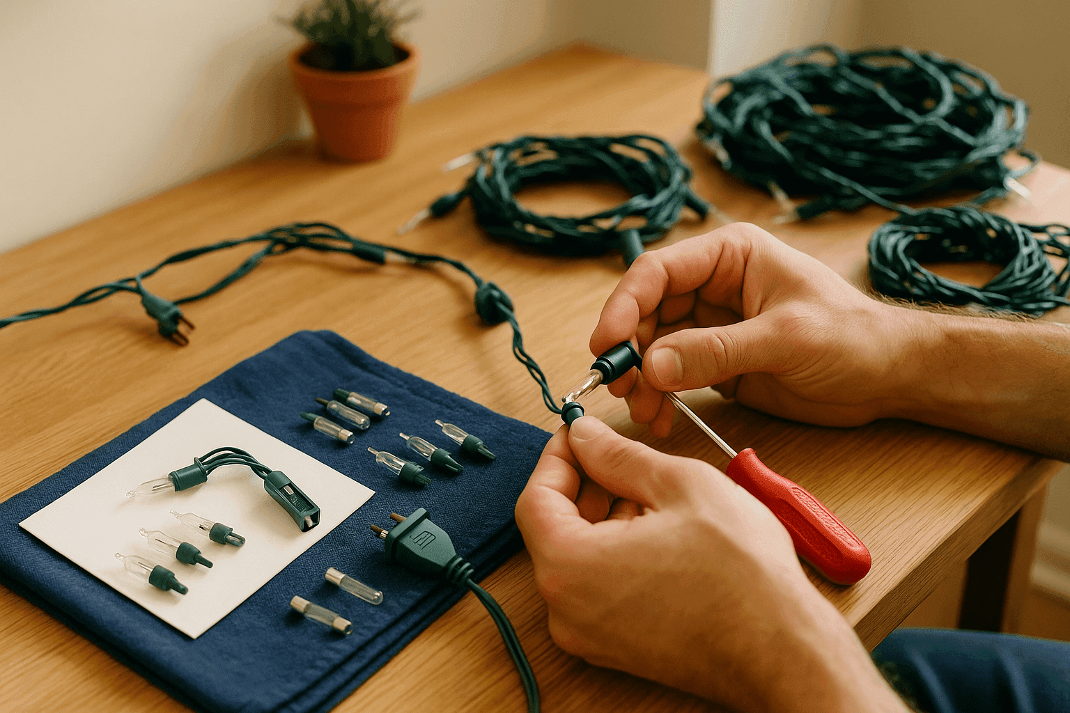 Person fixing flickering holiday light strand by checking bulbs and replacing fuses creating sustainable repair solution