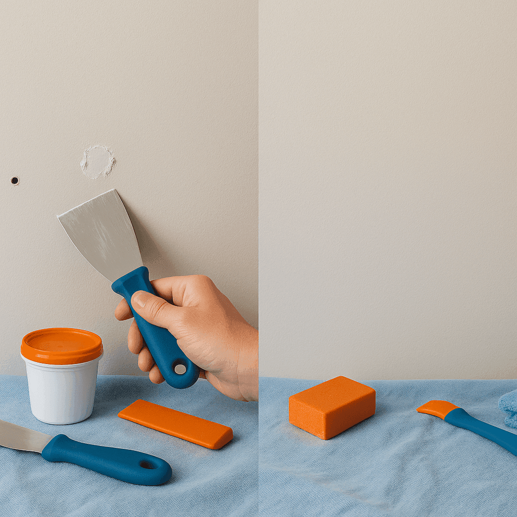 Before and after comparison of drywall repair showing nail holes being filled with spackle and sanded smooth for invisible touch-up