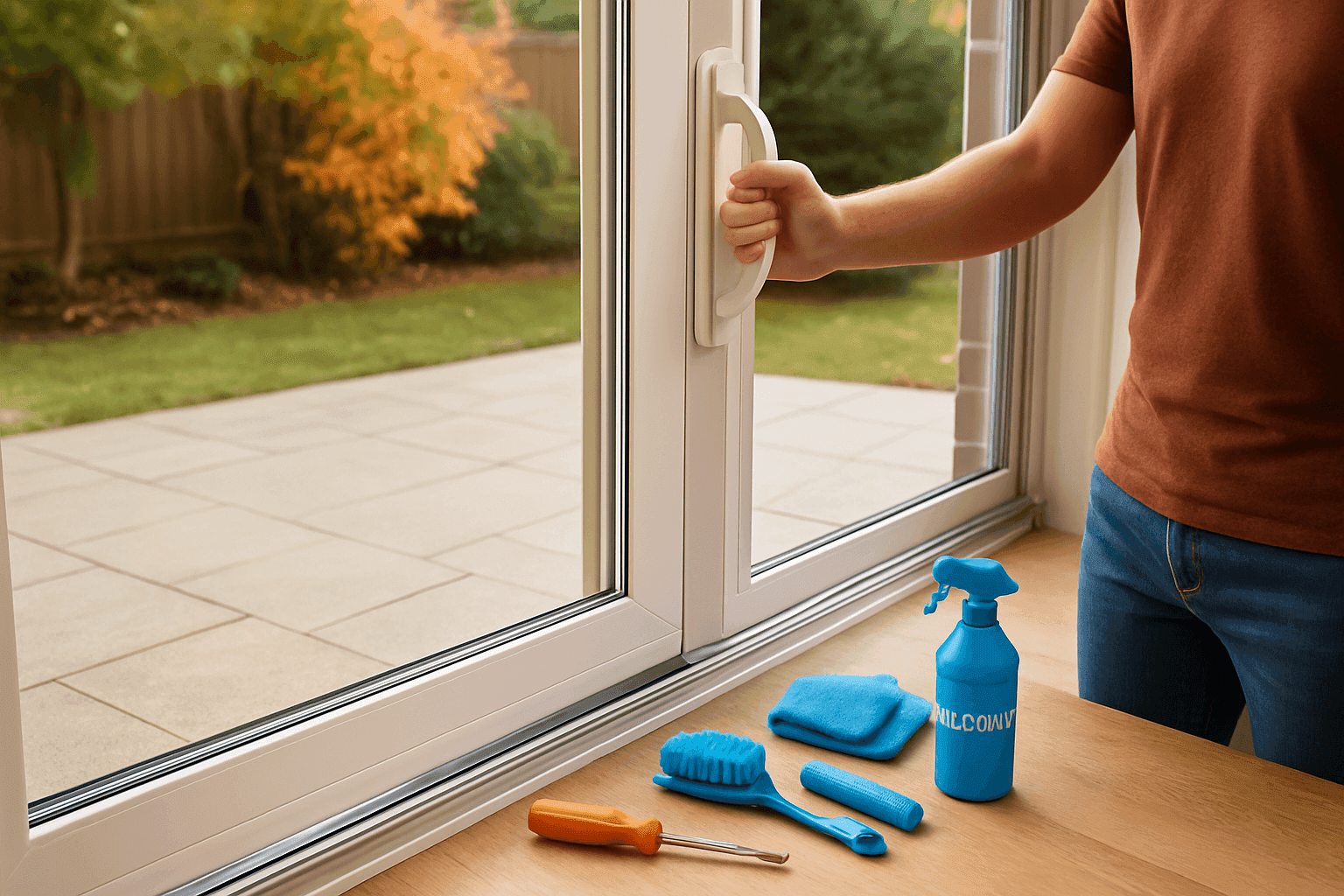 Person easily sliding open a glass patio door after maintenance showing clean tracks and smooth operation