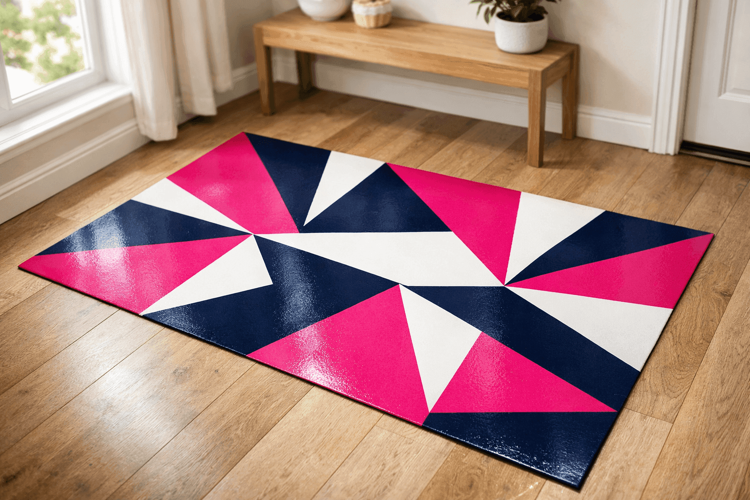 Bold geometric painted floor mat with modern color blocking in entryway