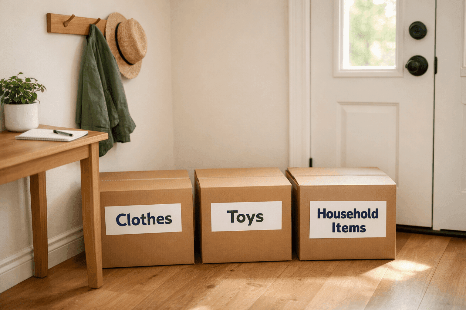 Organized donation station with labeled boxes for clothes, toys, and household items in clean entryway