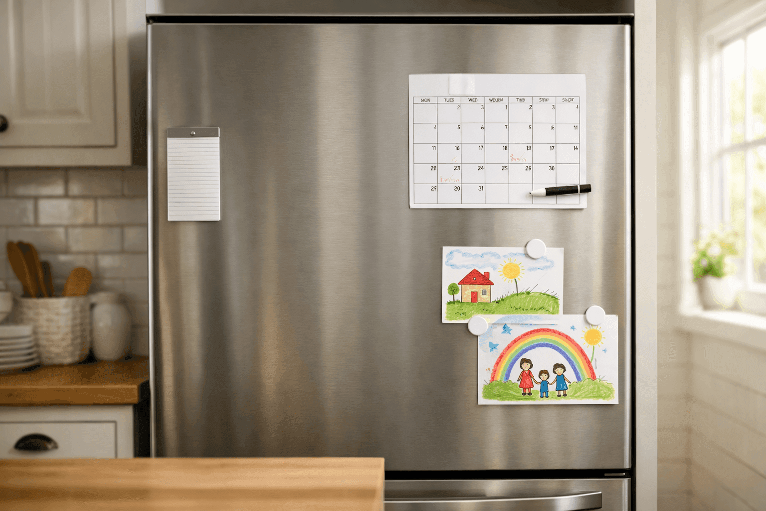 Clean organized refrigerator front with minimal magnets, calendar, and artwork arranged in designated zones in bright modern kitchen