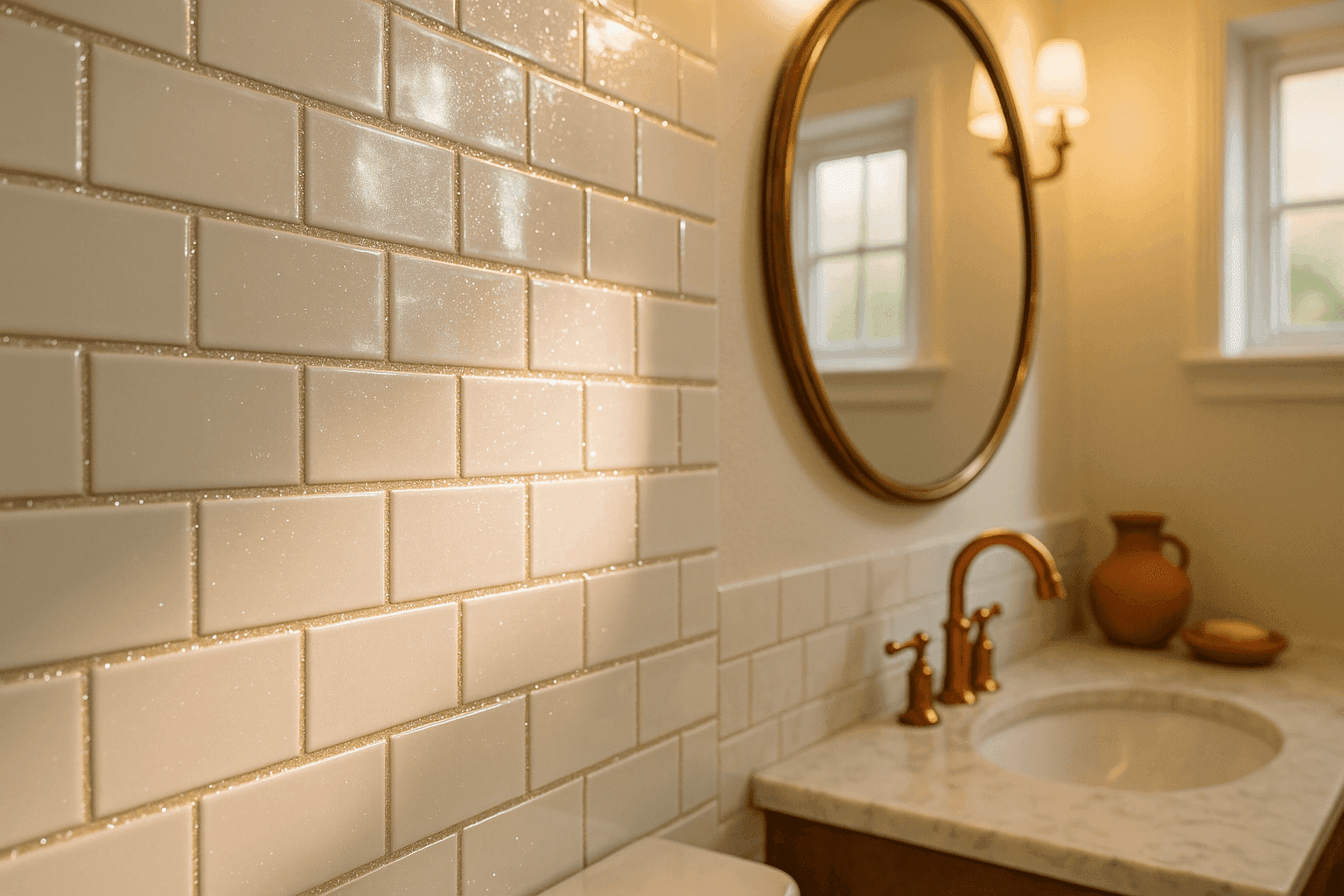 Elegant powder room with white subway tiles featuring sparkling glitter grout lines that catch bathroom lighting beautifully