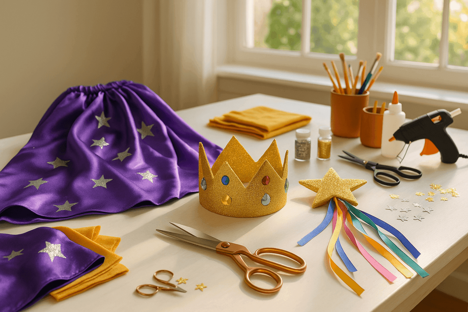 Crafting table with handmade Halloween costume accessories including sparkly cape, crown, and star-tipped wand with fabric and craft supplies