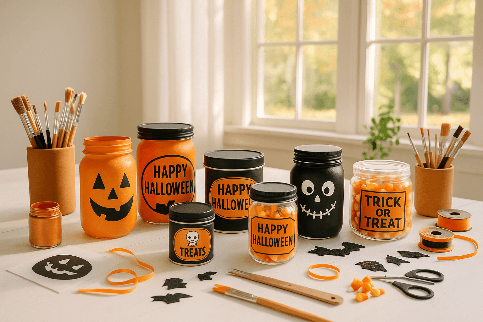 Collection of decorated glass jars and metal tins with Halloween themes including orange and black paint, spooky labels, and candy visible inside