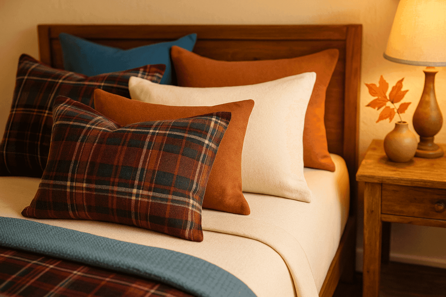 Handmade flannel pillowcases in autumn plaid and solid colors arranged on cozy bedroom setting with warm lighting and fall decorative elements