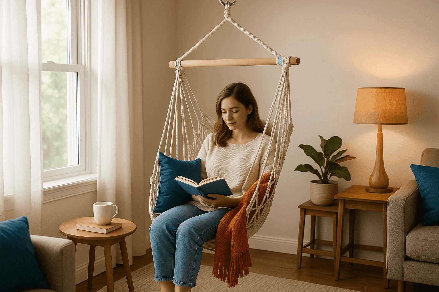Cozy living room corner with stylish hanging chair creating a perfect reading nook with soft cushions and natural lighting