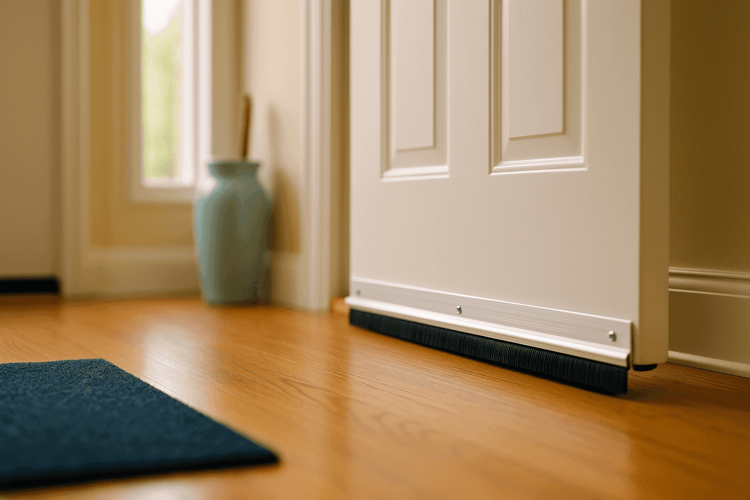Newly installed adjustable door sweep with brush seal attached to bottom of white exterior door blocking gap at threshold