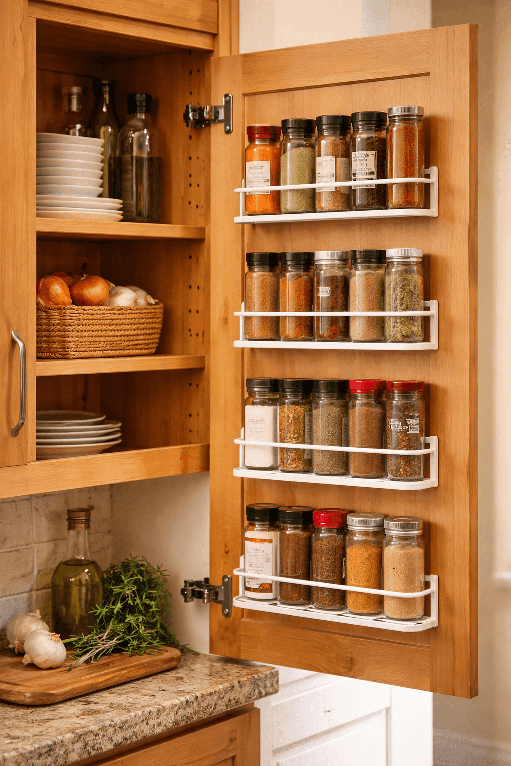 Open kitchen cabinet door with three narrow wooden shelves mounted on the inside holding neatly organized spice jars, with a bright white kitchen visible in the background