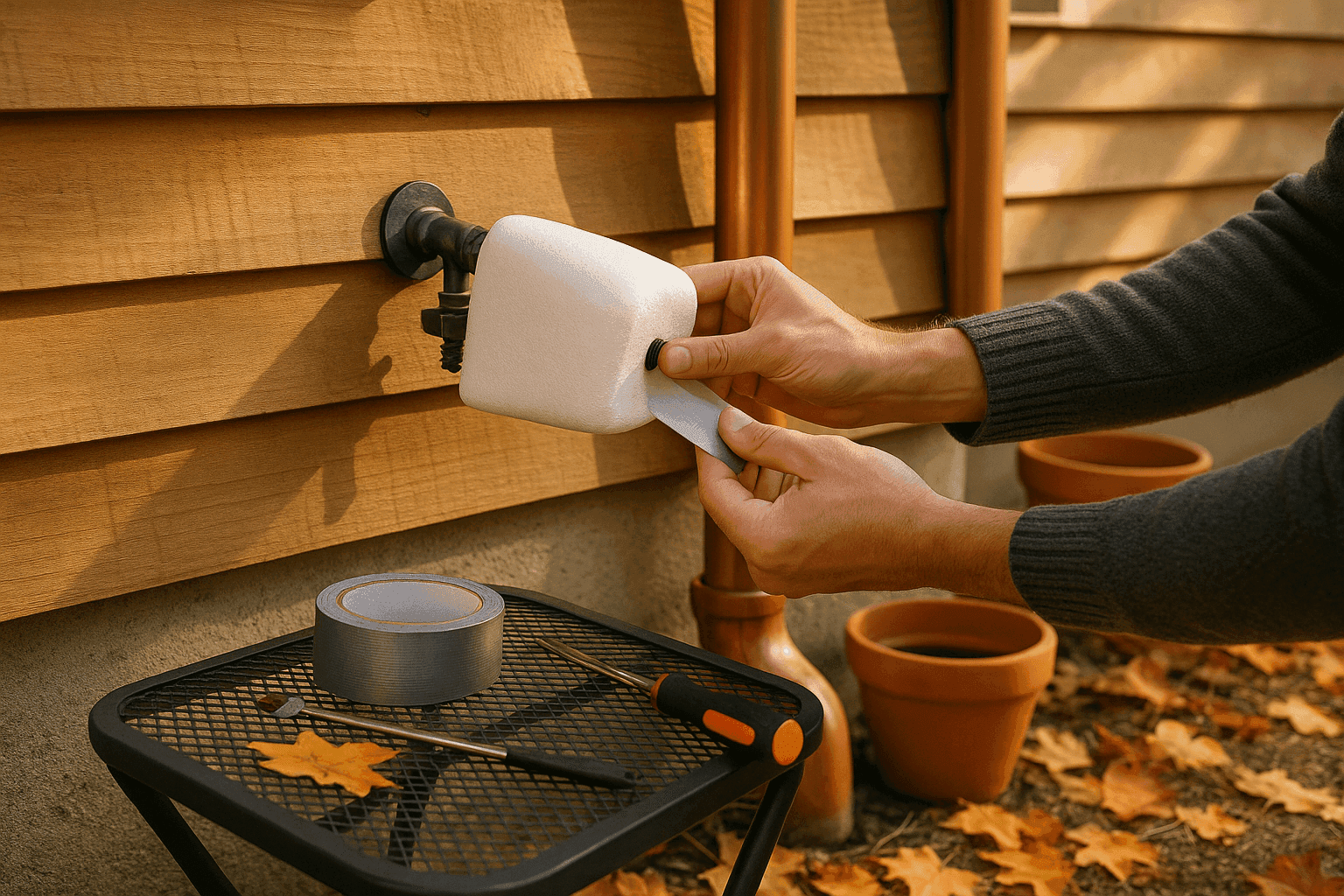 Outdoor spigot with insulated foam cover being installed on exterior wall of house with fall leaves nearby