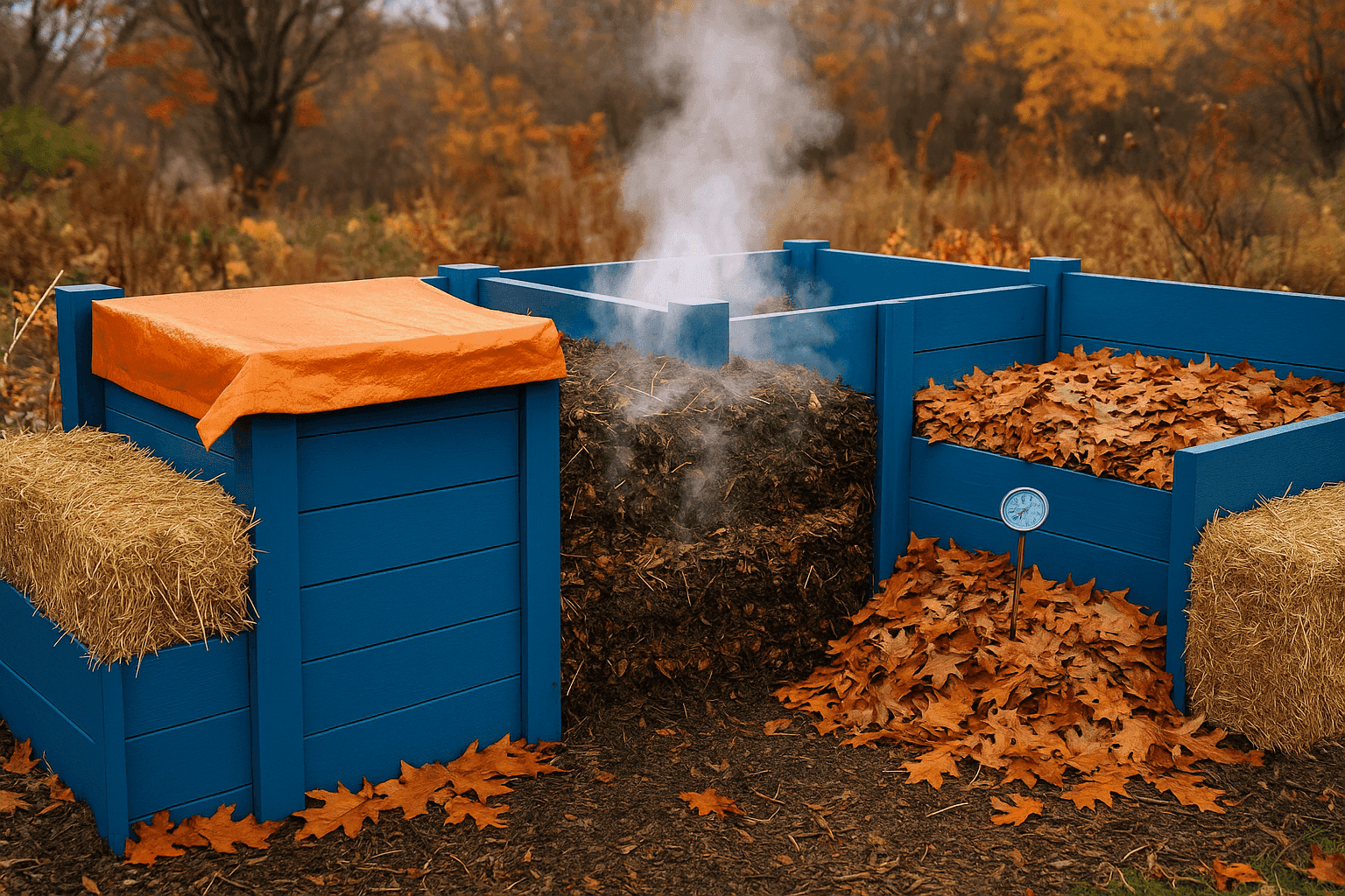 Insulated compost bin with layers of brown materials and protective covering preparing for winter decomposition activity