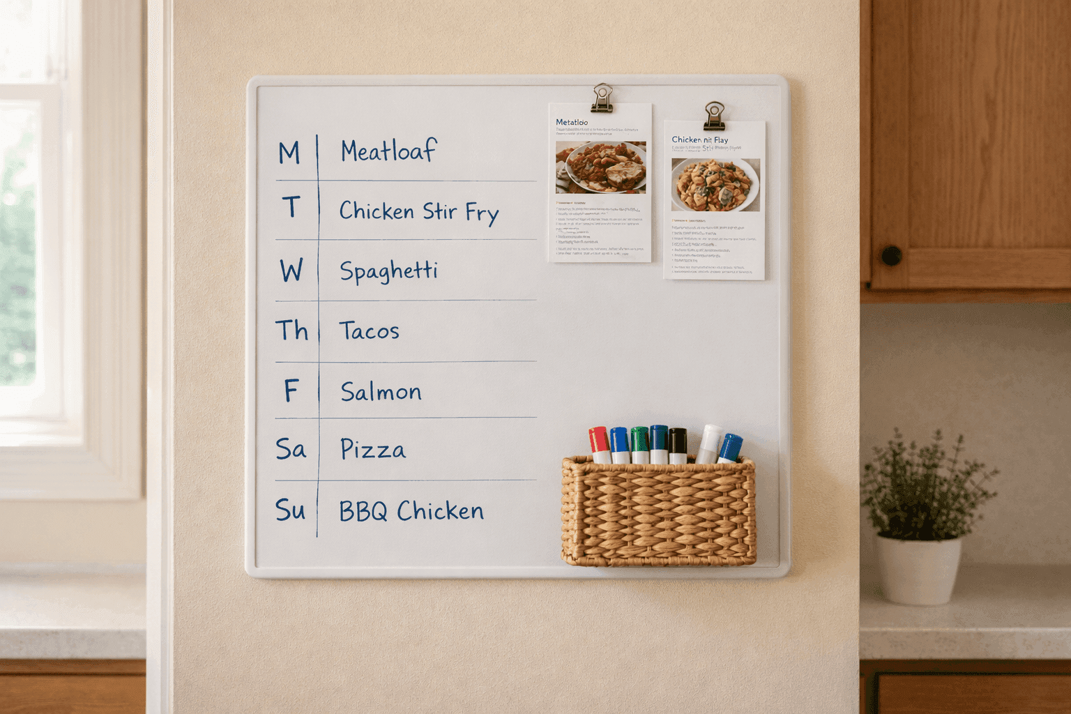Organized meal planning command center with weekly menu board and magnetic tools mounted in kitchen