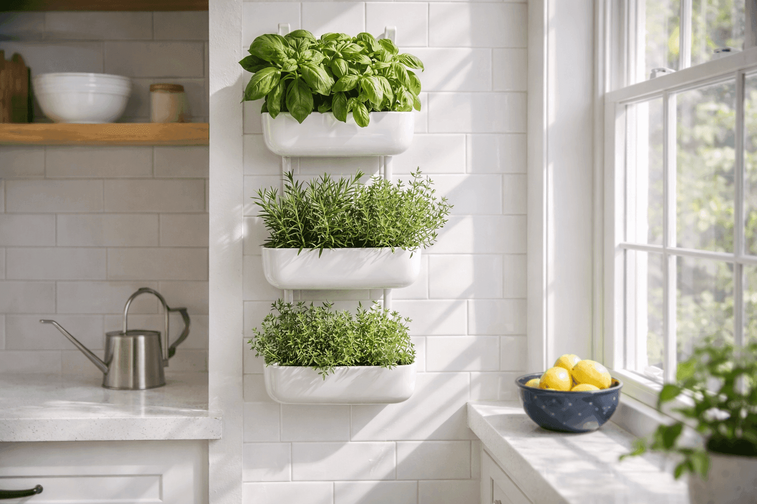 Vertical herb garden with wall-mounted planters growing fresh basil, rosemary, and thyme in bright kitchen near sunny window