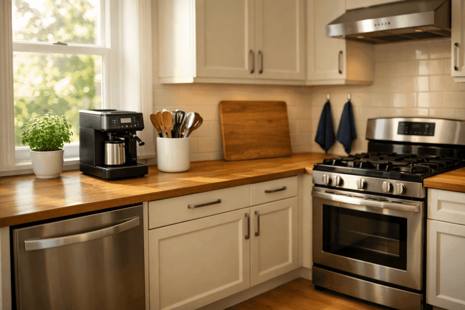 Clean organized kitchen with clear counters and fresh towels after post-holiday reset