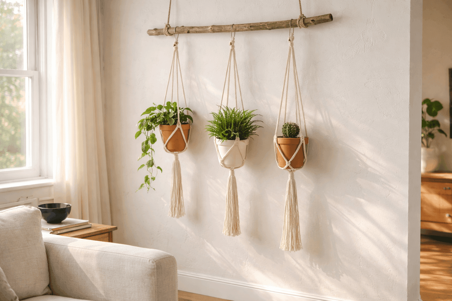 Three handmade macramé plant hangers in natural cotton cord suspending small potted plants at varying heights against a warm white wall in a bright living room