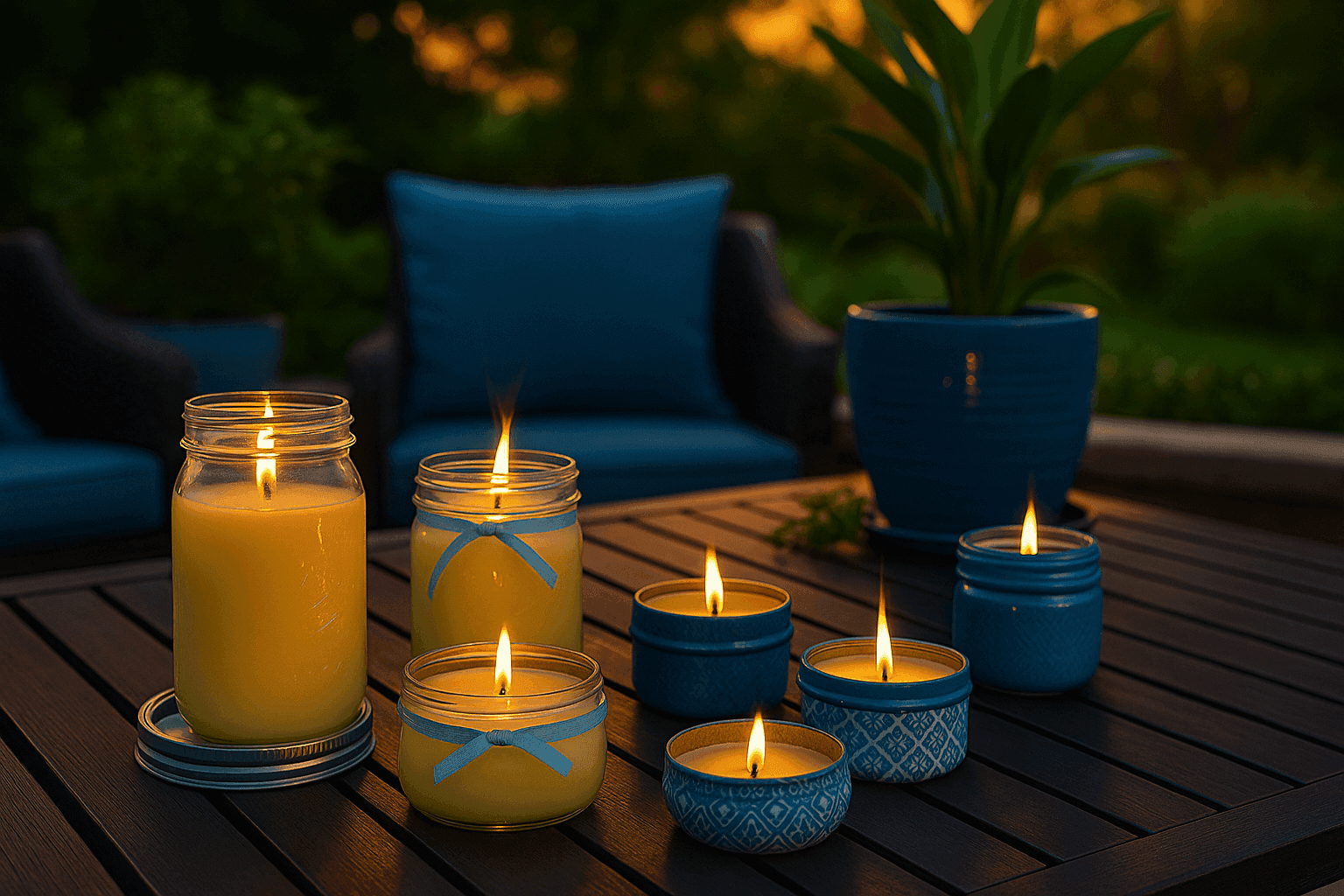 Collection of homemade citronella candles in mason jars and tin containers arranged on outdoor patio table with warm glowing flames