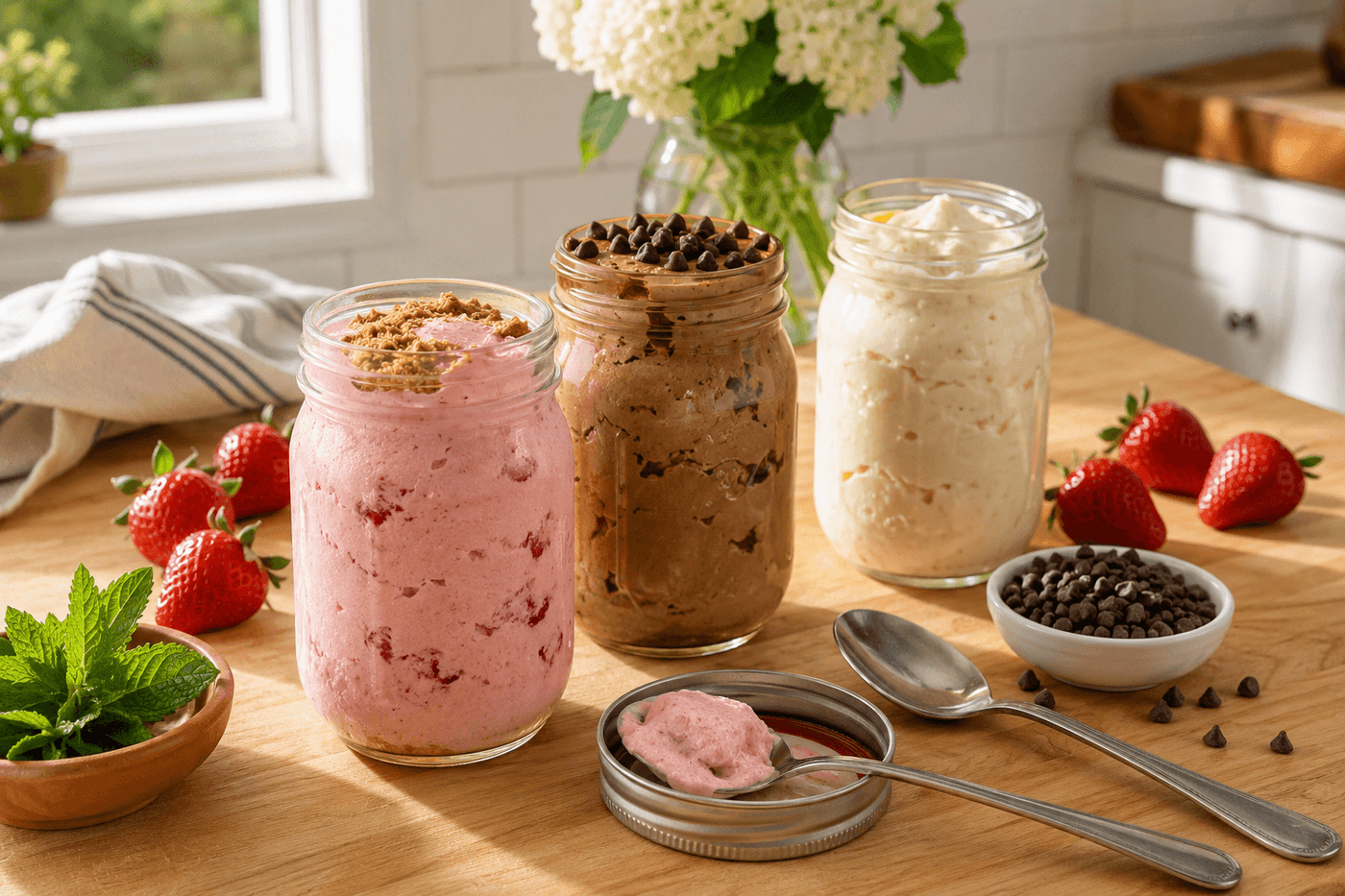 Two mason jars of homemade no-churn ice cream in strawberry and chocolate flavors on a wooden kitchen counter with fresh strawberries and a spoon
