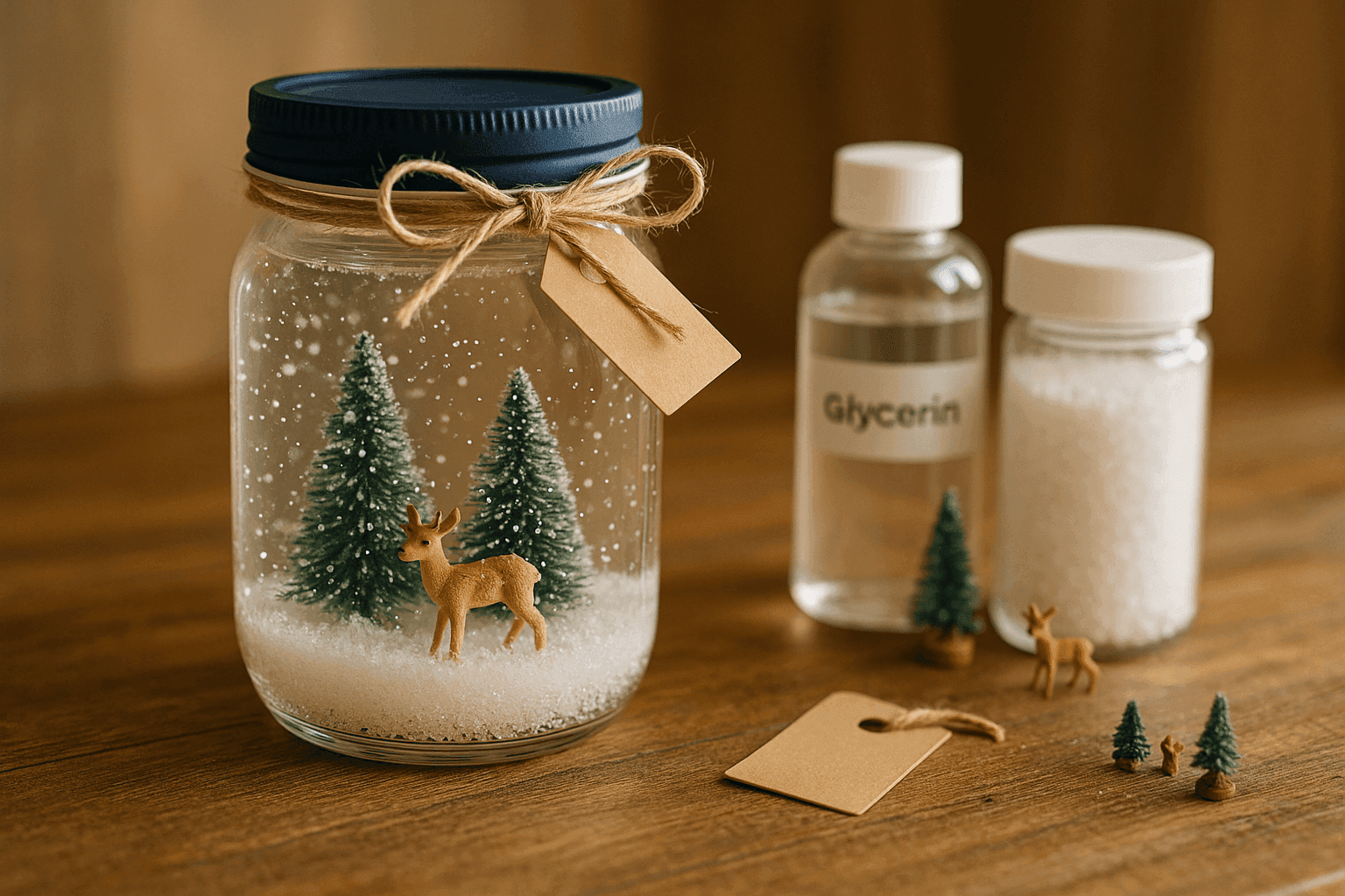 Charming handmade mason jar snow globe with miniature winter scene trees and deer surrounded by swirling fake snow