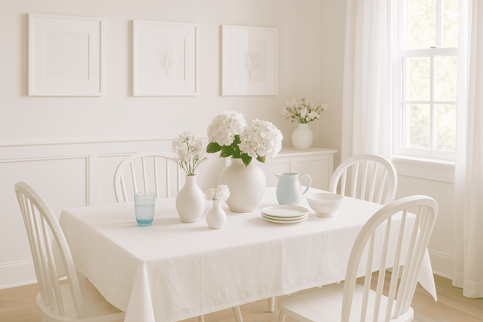 Fresh summer interior with crisp white tablecloths, ceramic vases, picture frames, and decor creating cool, airy atmosphere
