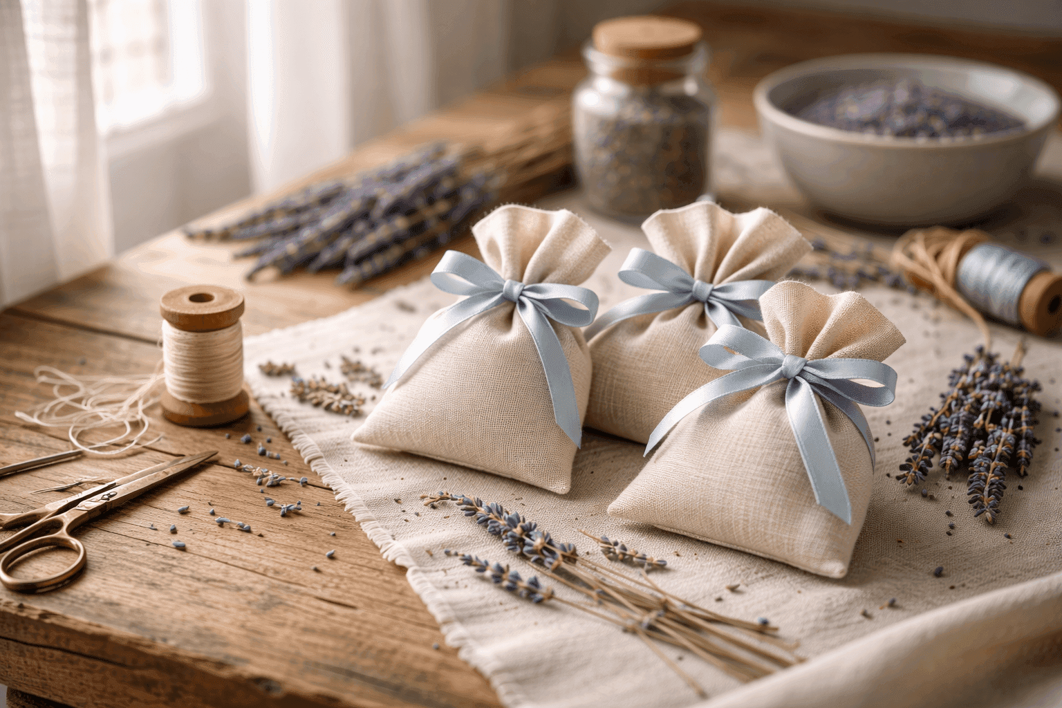 Handcrafted lavender sachets with natural linen fabric and purple ribbon ties arranged on rustic wooden table with fresh lavender sprigs