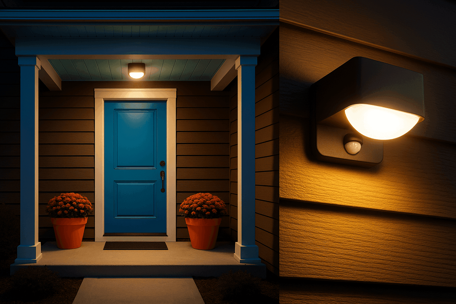 Modern porch with motion sensor light automatically illuminating welcoming entrance at dusk