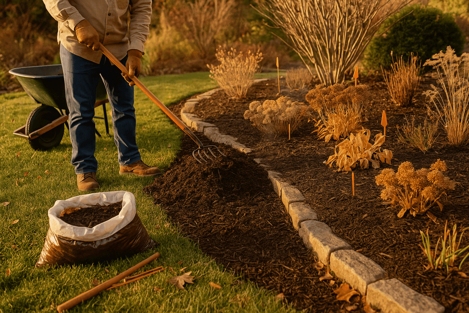 Gardener spreading dark mulch around perennial flower beds and shrubs creating neat edges and protective winter coverage